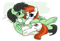 Size: 813x559 | Tagged: safe, artist:plunger, oc, oc only, oc:filly anon, oc:silverfoot, earth pony, pegasus, pony, blushing, butt, cuddling, cute, earth pony oc, eyebrows, female, filly, foal, hair tie, heart eyes, hug, looking at you, lying down, mare, on back, on side, one eye closed, pegasus oc, plot, ponytail, smiling, smiling at you, spread wings, underhoof, wingding eyes, wings