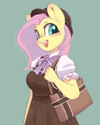 Size: 856x1068 | Tagged: safe, artist:melodylibris, fluttershy, pegasus, anthro, blushing, bow, clothes, cute, dress, female, green background, looking at you, mare, open mouth, open smile, purse, shyabetes, simple background, smiling, smiling at you, solo