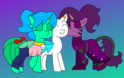 Size: 1084x683 | Tagged: safe, artist:fsnyion, oc, oc:blissy, oc:dee-vos, oc:nyion, changedling, changeling, hybrid, pony, pony town, blushing, kissing