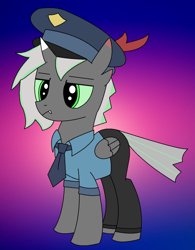Size: 526x675 | Tagged: safe, artist:fsnyion, oc, oc only, oc:aurelioss, hybrid, clothes, fangs, folded wings, full body, gradient background, hooves, horn, lidded eyes, male, necktie, police, police hat, police officer, police uniform, solo, stallion, standing, tail, uniform, uniform hat, wings