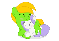 Size: 2970x2100 | Tagged: safe, artist:candy meow, oc, oc only, oc:candy meow, oc:mockery, earth pony, pegasus, pony, blushing, colt, cuddling, digital art, duo, earth pony oc, eyes closed, female, foal, green body, green fur, high res, hug, lying down, male, mane, mare, pegasus oc, purple hair, purple mane, purple tail, shadow, show accurate, simple background, smiling, snuggling, tail, transparent background, white body, white fur, winghug, wings, yellow hair, yellow mane, yellow tail