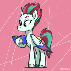Size: 2048x2048 | Tagged: safe, artist:pfeffaroo, zipp storm, pegasus, pony, g5, abstract background, book, female, high res, hoof hold, mare, reading, solo, standing, three quarter view, wings