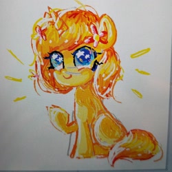 Size: 2320x2320 | Tagged: safe, artist:doodle.vxe, oc, oc:juicy pineapple, pony, unicorn, chibi, female, flower, flower in hair, looking up, mare, photo, simple background, sitting, sketch, solo, starry eyes, white background, wingding eyes