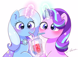 Size: 3652x2696 | Tagged: safe, artist:leo19969525, starlight glimmer, trixie, pony, unicorn, blushing, drink, drinking, duo, duo female, female, glowing, glowing horn, hair, horn, jewelry, mare, simple background, white background