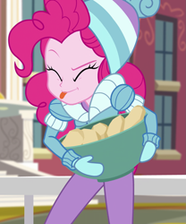 Size: 897x1080 | Tagged: safe, edit, edited screencap, screencap, pinkie pie, human, blizzard or bust, equestria girls, equestria girls specials, g4, my little pony equestria girls: better together, my little pony equestria girls: holidays unwrapped, clothes, cropped, food, ponk, potato, solo, tongue out, winter outfit