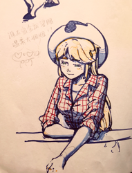 Size: 2183x2861 | Tagged: safe, artist:cloverieee, applejack, human, g4, clothes, female, high res, humanized, solo, traditional art