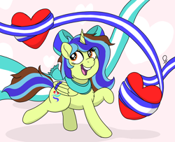 Size: 3590x2914 | Tagged: safe, artist:doodledonutart, oc, oc only, oc:epsi pep power, alicorn, pony, alicorn oc, bow, clothes, commission, hair bow, heart, high res, horn, ribbon, scarf, solo, wings