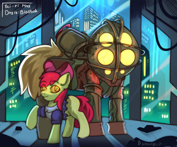 Size: 2400x2000 | Tagged: safe, artist:freak-side, apple bloom, earth pony, pony, g4, big daddy, bioshock, city, crossover, female, filly, foal, high res, little sister