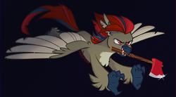 Size: 1300x720 | Tagged: safe, artist:pigeorgien, oc, oc only, oc:whiplash flashbird, classical hippogriff, hippogriff, axe, base used, black background, female, flying, hippogriff oc, mouth hold, show accurate, simple background, solo, weapon