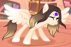 Size: 1280x862 | Tagged: safe, artist:cindystarlight, oc, oc only, oc:cindy, pegasus, pony, base used, coat markings, dark magic, eyes closed, female, golden oaks library, gradient mane, gradient tail, gritted teeth, hooves, indoors, magic, mare, pegasus oc, shadow, show accurate, socks (coat markings), solo, spread wings, standing, tail, teeth, wings