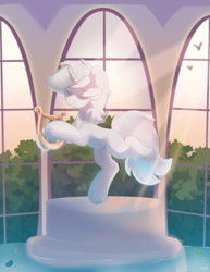 Size: 945x1225 | Tagged: safe, artist:flixanoa, lyra heartstrings, pony, unicorn, g4, female, fountain, lyre, musical instrument, solo, standing, standing on one leg, statue