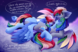 Size: 3500x2329 | Tagged: safe, alternate version, artist:shinoshai, rainbow dash, oc, oc:dark rainbow, pegasus, pony, g4, butt, canon x oc, cloud, colored wings, constellation, cuddling, cute, darsh, dialogue, duo, female, female on male, high res, holding, holding hooves, male, mare, multicolored wings, night, pegasus oc, plot, rainbow wings, sexy, shipping, stallion, straight, wings