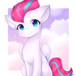 Size: 1500x1500 | Tagged: safe, artist:dddreamdraw, zipp storm, pegasus, pony, g5, adorazipp, blushing, cloud, colored pupils, colored wings, cute, female, looking at you, mare, passepartout, sitting, smiling, solo, two toned wings, wings