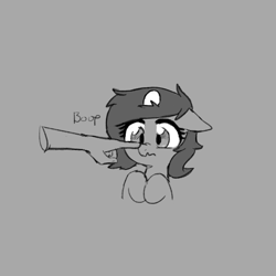 Size: 800x800 | Tagged: safe, artist:kabayo, oc, oc only, oc:filly anon, pony, boop, disembodied hand, egg (food), female, filly, floppy ears, foal, food, gray background, grayscale, hand, looking at something, monochrome, nose wrinkle, noseboop, simple background, solo, text