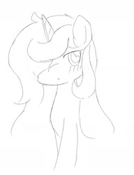 Size: 1506x1963 | Tagged: safe, artist:ginmaruxx, oc, oc only, pony, unicorn, female, horn, looking at you, mare, monochrome, simple background, solo, white background