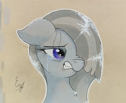 Size: 1901x1541 | Tagged: safe, artist:engi, marble pie, earth pony, pony, g4, my little pony best gift ever, crying, female, floppy ears, heartbroken marble, implied shipping, implied sugarmac, photo, sad, simple background, solo, tears of pain, traditional art, watercolor painting