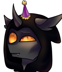 Size: 735x841 | Tagged: safe, artist:minty--fresh, oc, oc:flavis, changeling, birthday, confused, hat, party hat, profile picture, simple background, solo, transparent background, yellow changeling, yellow eyes