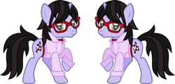 Size: 2264x1094 | Tagged: safe, artist:lightningbolt, derpibooru exclusive, pony, unicorn, .svg available, brendon urie, clothes, frown, glasses, hoodie, horn, looking at you, male, panic! at the disco, ponified, raised hoof, raised leg, shirt, simple background, solo, stallion, svg, transparent background, undershirt, vector