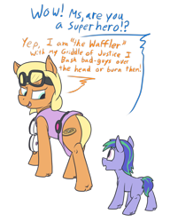 Size: 950x1236 | Tagged: safe, artist:thebathwaterhero, oc, oc only, oc:crippled geometry, oc:maple dreams, earth pony, pony, clothes, colt, duo, earth pony oc, female, foal, food, male, mare, simple background, transparent background, waffle