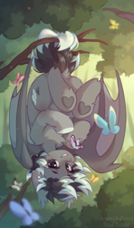 Size: 2348x3960 | Tagged: safe, artist:dedfriend, oc, oc only, bat pony, butterfly, pony, bat pony oc, ear piercing, earring, forest, hanging, hanging upside down, heart, high res, hoof heart, jewelry, looking at you, piercing, smiling, smiling at you, solo, tree, tree branch, upside down