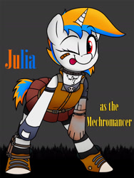 Size: 750x997 | Tagged: artist needed, safe, oc, oc:julia minx, pony, unicorn, bandaid, blue mane, borderlands, clothes, cute, leaning, leaning forward, looking at you, mechromancer, one eye closed, orange mane, red eyes, robotic arm, short tail, skirt, solo, tail, tongue out, white coat, wink