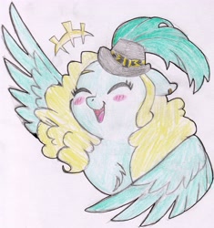 Size: 3256x3464 | Tagged: safe, artist:foxtrot3, oc, oc:swan song, pegasus, pony, blonde, blushing, ear piercing, feather hat, hat, high res, laughing, piercing, smiling, solo, waving