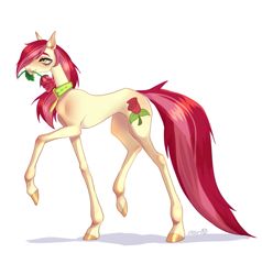 Size: 2768x2904 | Tagged: safe, artist:satan, roseluck, pony, collar, commission, commissioner:doom9454, cute, flower, flower in mouth, long legs, long tail, mouth hold, pet tag, pony pet, rose, rosepet, simple background, skinny, slim, solo, tail, thin legs, white background