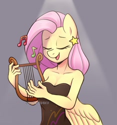 Size: 1215x1291 | Tagged: safe, artist:handgunboi, fluttershy, pegasus, anthro, g4, black dress, breasts, busty fluttershy, clothes, dress, eyes closed, female, light, lyre, musical instrument, simple background, solo, spotlight, spread wings, wings, wings down