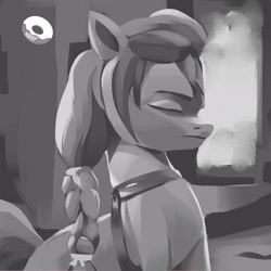 Size: 2460x2460 | Tagged: safe, artist:poxy_boxy, sunny starscout, earth pony, pony, g5, braided ponytail, eyes closed, female, grayscale, high res, mare, monochrome, solo