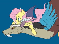 Size: 2000x1500 | Tagged: safe, artist:zombie, discord, fluttershy, draconequus, pony, g4, anime, blue background, duo, fluttershy riding discord, flying, horns, lying down, on back, reference, reference to another series, riding, simple background, size difference, spirited away