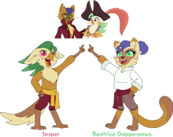 Size: 1280x1018 | Tagged: safe, artist:matttheenby, capper dapperpaws, captain celaeno, oc, abyssinian, avian, g4, caplaeno, chest fluff, female, interspecies offspring, male, offspring, parent:capper dapperpaws, parent:captain celaeno, parents:caplaeno, shipping, simple background, straight, transparent background