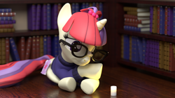 Size: 7680x4320 | Tagged: safe, artist:the luna fan, derpibooru exclusive, moondancer, pony, unicorn, g4, 3d, absurd resolution, blender, blender cycles, book, bookshelf, candle, clothes, glasses, looking down, night, solo, sweater, twilight sparkle's cutie mark