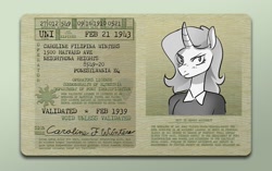 Size: 2048x1288 | Tagged: safe, artist:opalacorn, oc, oc only, oc:caroline winters, unicorn, anthro, 30s, 40s, anthro oc, black and white, clothes, drivers license, female, frown, grayscale, horn, id card, monochrome, operator's license, shirt, solo, unicorn oc