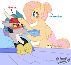 Size: 1280x1182 | Tagged: safe, artist:kittypainty, oc, oc only, oc:calamity (kittypainty), oc:florenshy, draconequus, hybrid, pegasus, pony, bed, blanket, bowl, colored wings, dialogue, draconequus oc, duo, fangs, female, freckles, horns, interspecies offspring, male, mare, offspring, parent:big macintosh, parent:discord, parent:fluttershy, parent:princess celestia, parents:dislestia, parents:fluttermac, pillow, rag, red face, sick, signature, simple background, smiling, unshorn fetlocks, water, white background, wings