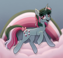 Size: 1948x1807 | Tagged: safe, artist:_alixxie_, fizzy, pony, unicorn, g1, g4, bow, cloud, cute, female, fizzybetes, g1 to g4, generation leap, jumping, mare, rainbow, sky, solo, tail, tail bow, twinkle-less eyes