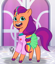 Size: 1628x1890 | Tagged: safe, artist:flutteryaylove, edit, edited screencap, screencap, sunny starscout, earth pony, pony, clip trot, g5, my little pony: tell your tale, spoiler:g5, spoiler:my little pony: tell your tale, spoiler:tyts01e07, blouse, clothes, cropped, female, heart, mane stripe sunny, mare, skirt, smiling, solo