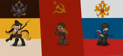 Size: 1024x470 | Tagged: safe, artist:cogwheel98, oc, oc only, oc:marussia, oc:ussr, earth pony, pegasus, pony, unicorn, ak-74m, assault rifle, bandage, bayonet, boots, camouflage, clothes, communism, female, goggles, gun, helmet, history, hoof hold, long sleeves, mare, military uniform, nation ponies, ppsh-41, rifle, russia, russian empire, russian federation, salute, shoes, socialism, soviet union, submachinegun, uniform, weapon