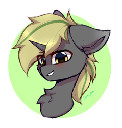 Size: 1527x1600 | Tagged: safe, artist:lunylin, oc, oc only, pony, unicorn, blushing, cheek fluff, chest fluff, eye clipping through hair, eyebrows, eyebrows visible through hair, floppy ears, grin, horn, looking at you, male, signature, smiling, smiling at you, solo, stallion