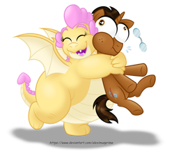 Size: 1600x1433 | Tagged: safe, artist:aleximusprime, oc, oc only, oc:buttercream, oc:buttercream the dragon, oc:copper plume, dragon, pony, unicorn, bear hug, cheek squish, commission, commissioner:imperfectxiii, cute, cute little fangs, dragon oc, dragoness, duo, eye bulging, eyes closed, fangs, fat, female, glasses, horn, hug, male, open mouth, simple background, spread wings, squeezing, squishy cheeks, stallion, standing, standing on one leg, transparent background, unicorn oc, wings