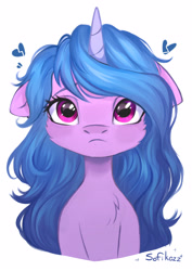 Size: 2894x4093 | Tagged: safe, artist:sofiko-ko, izzy moonbow, pony, unicorn, g5, bust, cheek fluff, chest fluff, cute, female, heart, high res, izzybetes, looking at you, mare, sad, sadorable, simple background, sketch, solo, white background