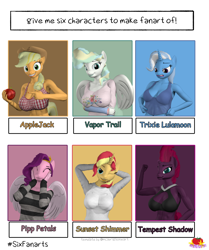 Size: 3000x3582 | Tagged: safe, artist:marianokun, applejack, pipp petals, sunset shimmer, tempest shadow, trixie, vapor trail, earth pony, pegasus, unicorn, anthro, g5, 3d, abs, adorapipp, angry, apple, boob window, breasts, busty applejack, busty sunset shimmer, busty tempest shadow, busty trixie, busty vapor trail, cleavage, clothes, cute, flexing muscles, food, happy, looking at you, midriff, one eye closed, six fanarts, smiling, source filmmaker, sweater, tanktop, wings, wink