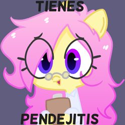 Size: 2163x2170 | Tagged: safe, artist:sundzy, oc, pony, brutal honesty, clipboard, clothes, cute, female, glasses, gray background, high res, lab coat, looking at you, meganekko, obvious, pince-nez, simple background, solo, spanish, spanish text, text