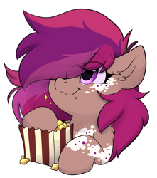 Size: 3348x3792 | Tagged: safe, artist:rileyisherehide, oc, oc only, oc:asteroid trail, pegasus, pony, series:munching popcorn, commission, cute, eating, emoji, female, food, happy, high res, hooves, mare, pegasus oc, popcorn, simple background, smiling, solo, transparent background, watching, ych result