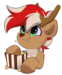 Size: 3174x3841 | Tagged: safe, artist:rileyisherehide, oc, oc only, oc:benny chestnut, deer, deer pony, hybrid, original species, pony, series:munching popcorn, antlers, commission, cute, eating, emoji, food, happy, high res, hooves, male, popcorn, simple background, smiling, solo, stallion, transparent background, watching, ych result