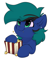 Size: 3127x3763 | Tagged: safe, artist:rileyisherehide, oc, oc only, oc:ender, pegasus, pony, series:munching popcorn, commission, cute, ear piercing, earring, eating, emoji, food, happy, high res, hooves, jewelry, male, pegasus oc, piercing, popcorn, simple background, smiling, solo, stallion, transparent background, watching, ych result