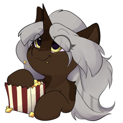 Size: 3499x3483 | Tagged: safe, artist:rileyisherehide, oc, oc only, oc:kelila cherry, pony, unicorn, series:munching popcorn, commission, cute, eating, emoji, female, food, happy, herbivore, high res, hooves, horn, mare, popcorn, simple background, smiling, solo, transparent background, unicorn oc, watching, ych result