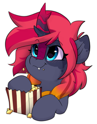 Size: 3127x3972 | Tagged: safe, artist:rileyisherehide, oc, oc only, oc:obsidia flame, kirin, pony, series:munching popcorn, commission, cute, eating, emoji, female, food, happy, high res, hooves, kirin oc, mare, popcorn, simple background, smiling, solo, transparent background, watching, ych result