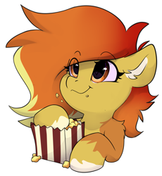 Size: 3481x3787 | Tagged: safe, artist:rileyisherehide, oc, oc only, oc:solstarra flare, earth pony, pony, series:munching popcorn, commission, cute, earth pony oc, eating, emoji, female, food, happy, herbivore, high res, hooves, mare, popcorn, simple background, smiling, solo, transparent background, watching, ych result