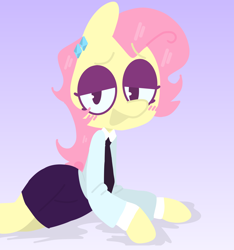 Size: 1396x1490 | Tagged: safe, artist:sundzy, fluttershy, pegasus, anthro, g4, blushing, clothes, female, looking at you, open mouth, open smile, simple background, skirt, smiling, smiling at you, solo, sultry pose