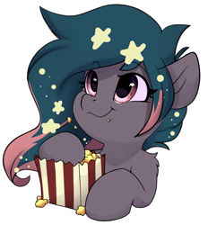 Size: 3407x3678 | Tagged: safe, artist:rileyisherehide, oc, oc only, oc:star universe, pegasus, pony, series:munching popcorn, commission, cute, eating, emoji, ethereal mane, female, food, happy, herbivore, high res, hooves, mare, pegasus oc, popcorn, simple background, smiling, solo, starry mane, stars, transparent background, watching, ych result